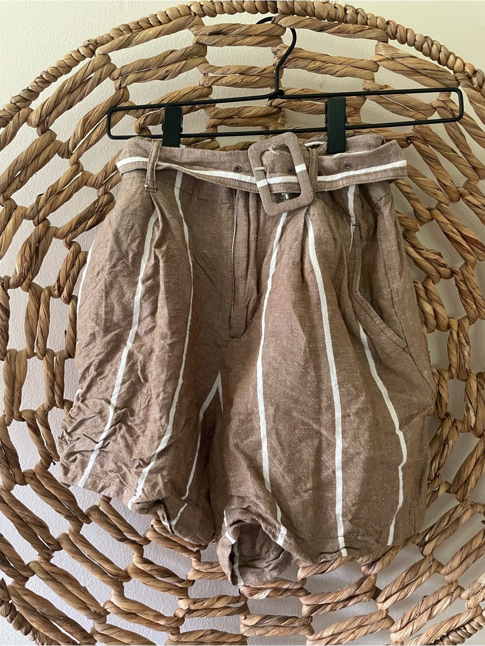 A New Day Brown Striped Paperbag Waist Shorts with Belt